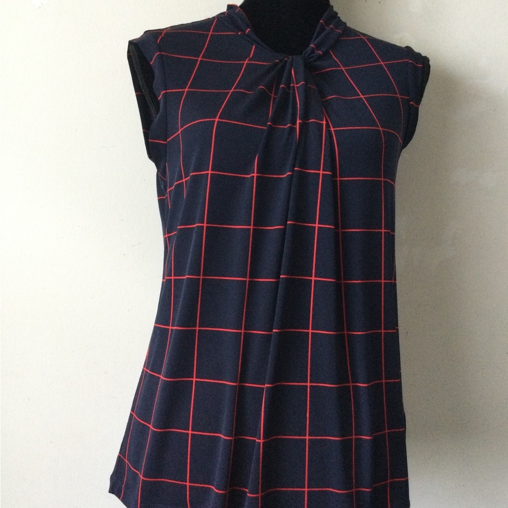 Tommy Hilfiger Sleeveless Navy Windowpane Top with Red Grid